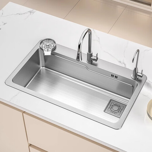 Kohler (KOHLER) SUS304 thickened brushed stainless steel home kitchen handmade sink large single tank above and below the counter silver square cover 6545 large curved faucet package D