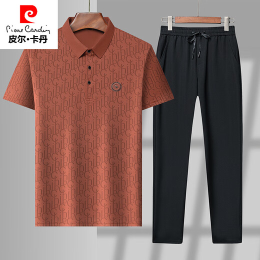 皮尔卡丹（pierre cardin）冰丝提花翻领短袖t恤套装2025夏季新款透气polo衫两件套 短裤套装9902橙色 XL 175建议135-150斤