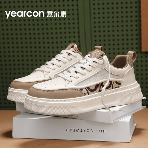 意尔康男鞋休闲板鞋简约风舒适透气不磨脚软底增高不累脚小白鞋运动鞋子 米白/浅棕4885 44