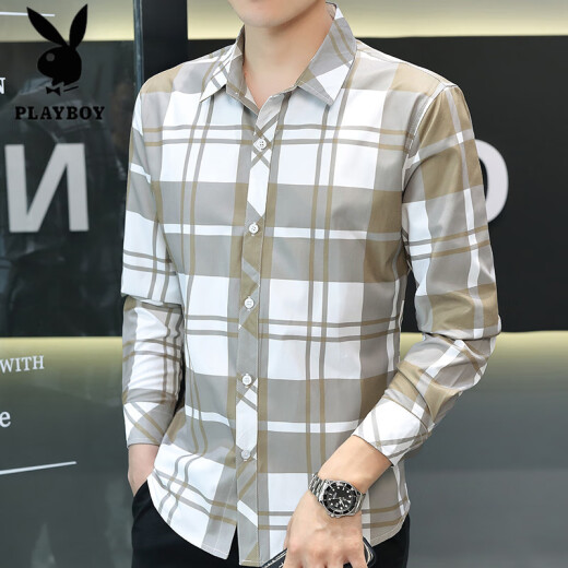 
Playboy (PLAYBOY) summer new ice silk long-sleeved shirt men's plaid casual shirt top thin sun protection jacket trendy inch clothes Flagship official boutique] apricot color [long sleeve] 719 L 105-119Jin [Jin equals 0.5 kg]