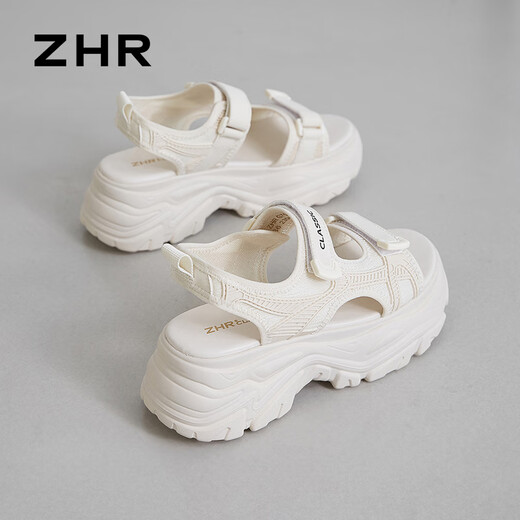 ZHR凉鞋女厚底增高小个子拼接女鞋魔术贴运动女鞋 G750 米色  36 