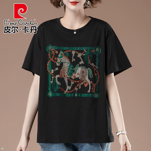 皮尔卡丹（pierre cardin）胖肥显瘦短袖T恤女士夏季大码宽松百搭烫钻中年妈妈时尚薄款上衣 黑色【9896款】 L 100-115斤
