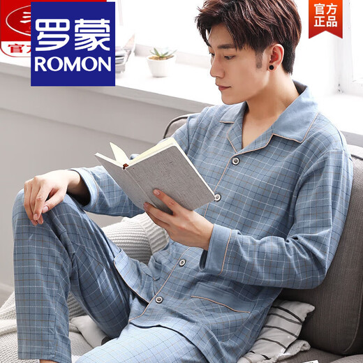 罗蒙（ROMON）睡衣男士春秋纯棉长袖可外穿全棉大码薄款秋季家居服套装精选高品 834满地 5XL 数