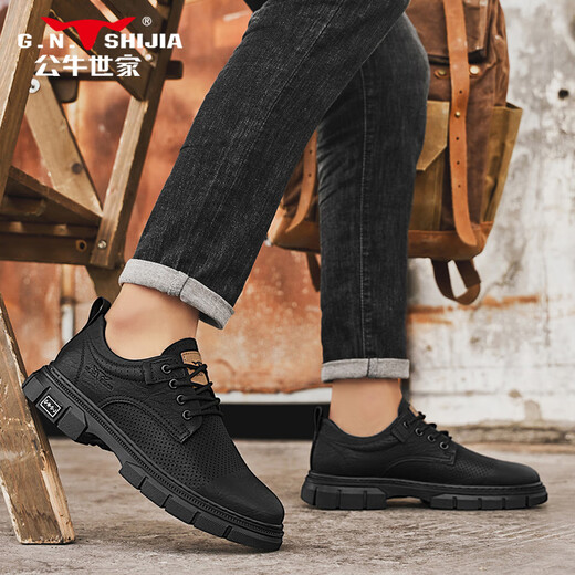 Bull Family Men's Shoes Summer Casual Leather Shoes Low Top Breathable Martin Boots Retro Old Hollow Workwear Shoes Men