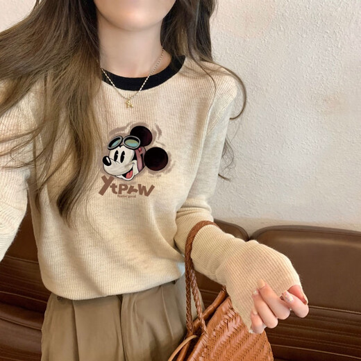 CEENIU apricot color right shoulder bottoming shirt spring and autumn new design cotton top contrasting color versatile long-sleeved t-shirt for women apricot color (right - Pocket Bear) XL 115-130Jin Jin equals 0.5 kg