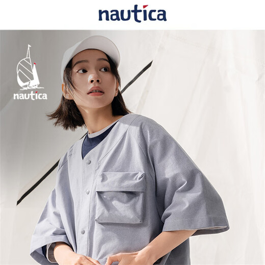 nautica white sail白帆×cityboy 日系中性宽松牛津纺圆弧领多袋短袖衬衫WW5266 灰色02F 2XL