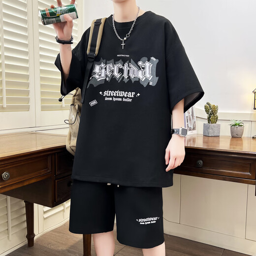 夏季新款短袖t恤男初中高中学生运动套装青少年潮流帅气大童夏装 NZJ-6626浅蓝色(上衣+短裤) 4XL 160至175斤