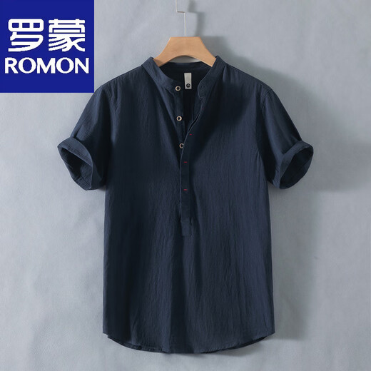Romon Henry collar linen short-sleeved shirt men's collarless men's cotton and linen shirt t-shirt top polo shirt summer Chinese style RC210 black M
