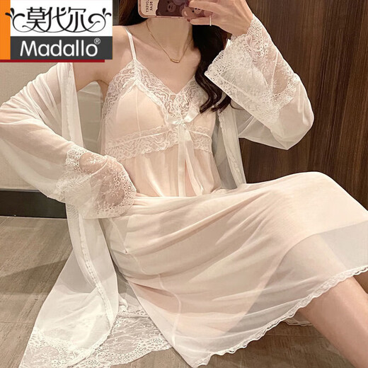 莫代尔睡衣女带胸垫性感吊带纯欲睡袍风ins风女士蕾丝睡裙夏季两件套 粉色757#带胸垫吊带+外披风 L 适合100-130斤