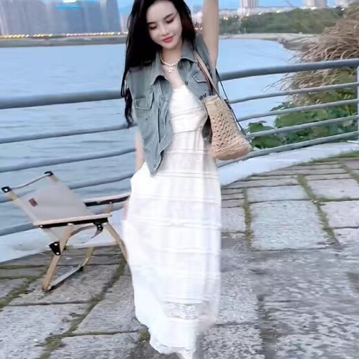 FHHUABD French long skirt seaside vacation white suspender dress texture 2025 women's summer new suit temperament suspender dress 694# [high-quality version] L [Suggested 105-120Jin [Jin equals 0.5 kg]]