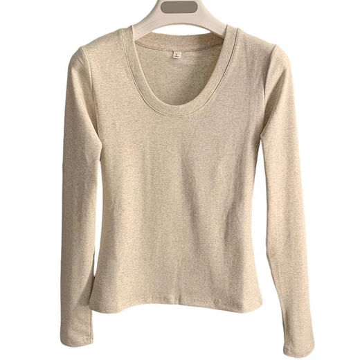 U-neck Feste Farbe Baumwollbasis Hemd mit Frühlings- und Herbst-Schlank-Schulter-Langarm-T-Shirt für Frauenbasis Top Kjy# K702# Kjy# K702# Rice Grey M [90-100jin [Jin gleich 0,5 kg]]]