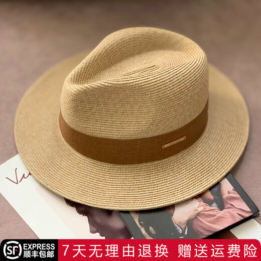 吴蚕里巴拿马草帽男女通用礼帽爵士帽大头围遮阳防晒百搭潮流可调节 百搭卡其棕 M一般尺寸54~57cm（送防风绳）