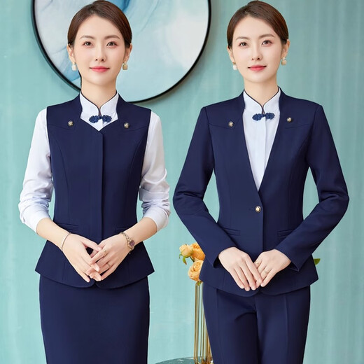 Yuanfeiya Hotel front desk reception work wear Chinese catering waiter formal work wear high-end professional suit suit for women single-piece blue suit L