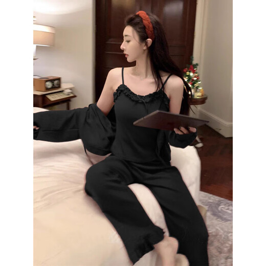 Fhhuabd französische reine spitze sexy Frauenpyjamas mit Brustpolster dreiköpfiger Feder- und Herbst-Bow-Hossport-Strickjacke Hauskleidung 677 Schnitt Herrenspitze Drei-teilige Set [mit Brustpolster] S [Empfohlen 85 Jin [Jin gleich 0,5 kg]]]