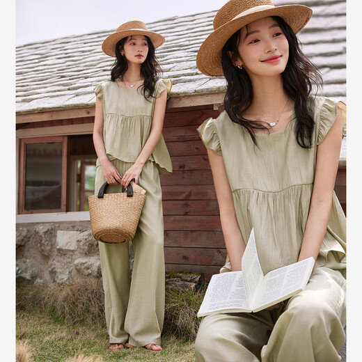 
Vanciman temperament casual flying sleeve top wide-leg pants suit for women 2025 summer new style free matching set M9901 khaki S
