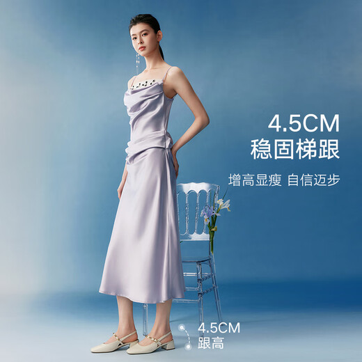 百思图25夏商场同款时尚潮流方头粗跟后空女凉鞋F1517BH5 米色 35