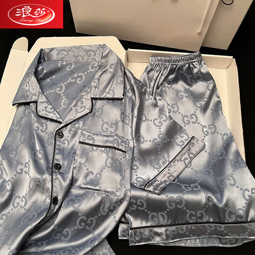 Langsha Ice Silk Pajamas Summer Men's Teen Short Sleeve Cardigan Home Suit Thin Summer 2025 New Set 673 Jacquard Black GG Black 3XL