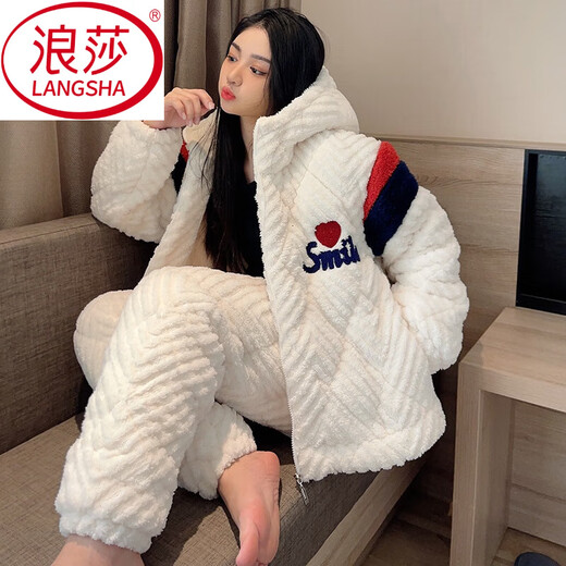 LangSha (LangSha) super thick pajamas for women wearing autumn and winter coral velvet plus velvet three-layer cotton jacket winter flannel home clothing set -6621-[Three-layer plus-thick] M Recommended weight 80-100 Jin [Jin equals 0.5 kg]