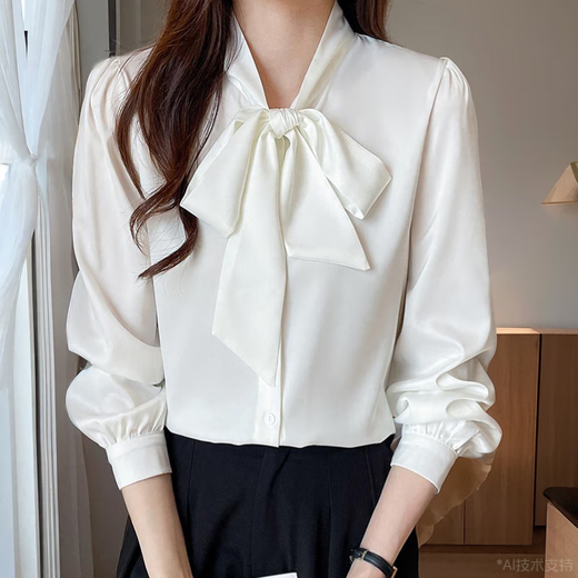 Wanmando European French White White White Femen's Long Bow Chiffon Top Spring y Autumn New Temperament Streamer Base Base White 9276 Modelo XL _115-125Jin [Jin iguala 0.5 kg]