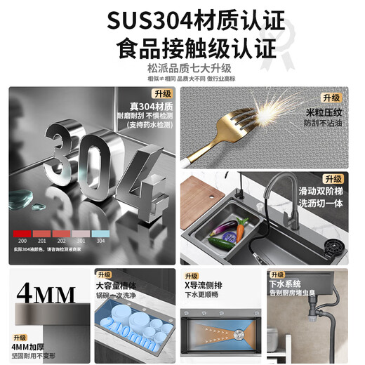 松派厨房水槽左侧排水大单槽304不锈钢洗菜盆一体盆洗碗槽水池盆 右排+防臭下水+洗杯器+抽拉+净水 680*430mm【SUS304支持药水检测