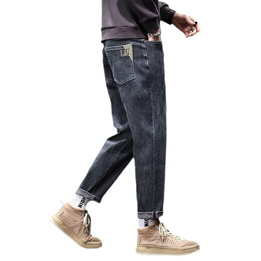 Jeans for men 2025 spring and autumn new style trendy embroidered loose straight cotton stretch casual versatile men's pants black gray regular 31 recommended 120-130 Jin Jin equals 0.5 kg