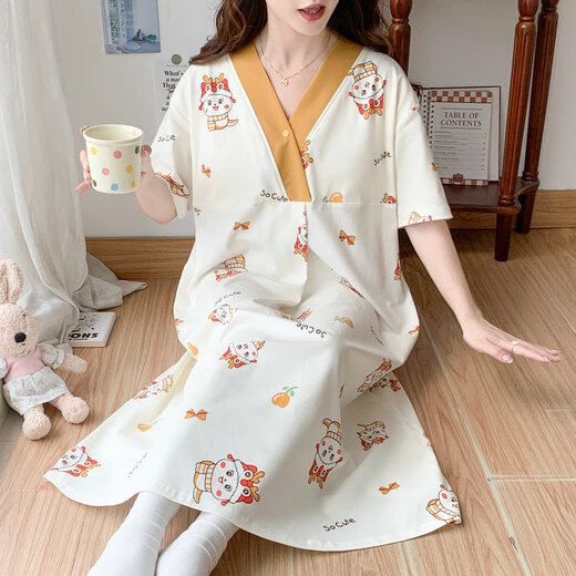 Cao Jingjia Sommer kurzärmelige schwangere Frauen Nachthemd mit Brustpolster Schwangerschaft Pyjamas 2025 Neue Style-Krankenhäuser können beim Betreten des Kreislaufraums qSy16820 kurzärmelige Rock 3xL Größe empfohlenes Gewicht 148-180jin [Jin Equals Equals 0,5 kg] tragen.