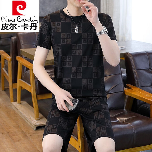 Pierre Cardin Casual Sports Suit de la moda de moda para hombres Sail de seda de seda de altura corta Camiseta de manga corta ropa para hombres un juego con hermosos pantalones cortos set 963 negros M 90-105Jin [Jin iguala 0.5 kg]