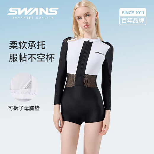 SWANS new product swimsuit women's long-sleeved sun protection 2025 new boxer one-piece swimsuit bathing in hot springs to cover the flesh and slimming swimsuit black and white long-sleeved M