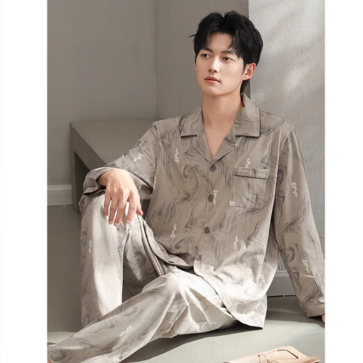 HWHE light luxury brand pajamas men's 2025 spring and autumn new pure cotton long sleeve large size thin style for outdoor wear home clothing set 13063 picture color M (165 size) recommended height about 165, body