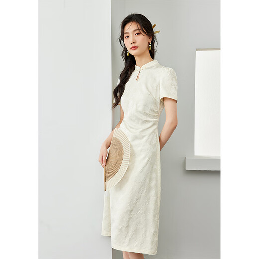 梵希蔓新中式国风提花连衣裙女2025年夏季水滴立领气质旗袍裙子 杏色  M