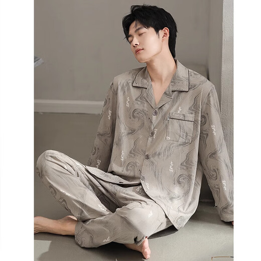 HWHE light luxury brand pajamas men's 2025 spring and autumn new pure cotton long sleeve large size thin style for outdoor wear home clothing set 13063 picture color M (165 size) recommended height about 165, body