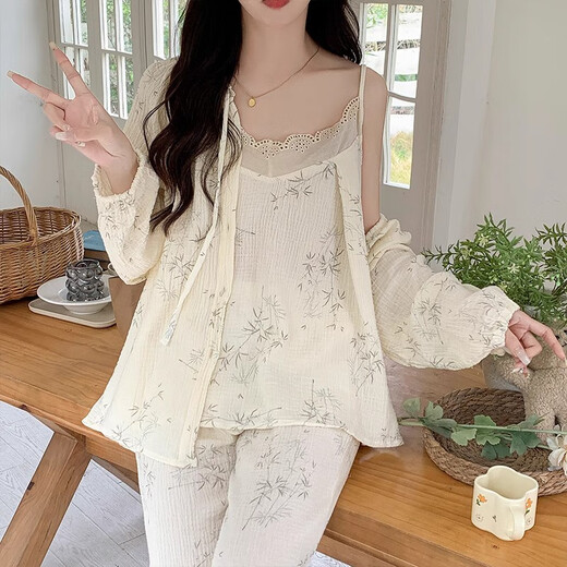 MONTAGUT pijamas de algodón de nube para mujer primavera y otoño tirantes de manga larga conjunto de tres piezas hojas lindas estilo puro deseo ropa para el hogar 2025 nuevo estilo tfn#f9928 talla única m recomendado 75-95Jin Jin equivale a 0,5 kg