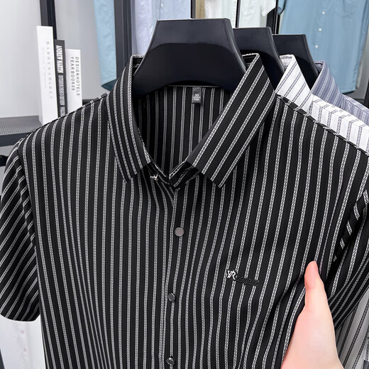 Old man's head (LAORENTOU) short-sleeved striped shirt men's 2025 summer trendy half-sleeved shirt business casual no-solution elastic elastic AN15279 gray XL