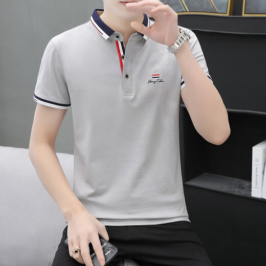 
2025 summer lapel short-sleeved casual Polo shirt for men's trendy business slim half-sleeved T-shirt pure cotton shirt collar pink Q672 3XL handsome new style