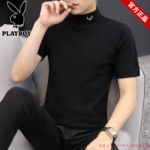 
Playboy pure cotton short-sleeved T-shirt men's summer 2025 new knitted trendy half-high neck shirt slim body elastic 9902 burgundy M