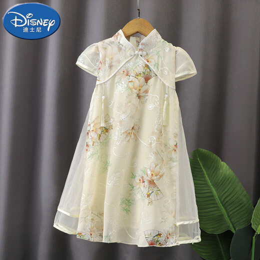 迪士尼（Disney）女童连衣裙夏装旗袍裙中国风儿童夏季公主裙汉服复古女孩裙子国潮 YBC-6629扇子旗袍裙-杏色 100 建议身高90cm