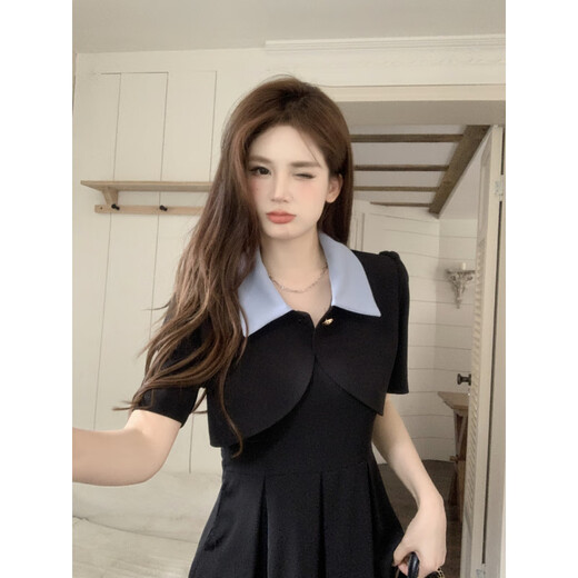 S.Sofea Hepburn Style Black Dress Summer French Temprament Suppend Cover #829 Короткий набор с двумя частями m