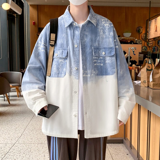 IMPRESSWIT扎染渐变色夹克男牛仔粉色青少年学生衣服2025春季理发师潮流外套 CS3331粉色 XL (适合体重115斤-130斤穿)