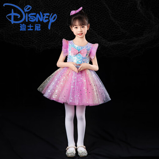 Disney Children's Performance Costumes Girl Princess Puff Dress Evening Gown Sequined Veil Skirt Dance Performance Suit Lotus Colorful Skirt + Bow 100 cm