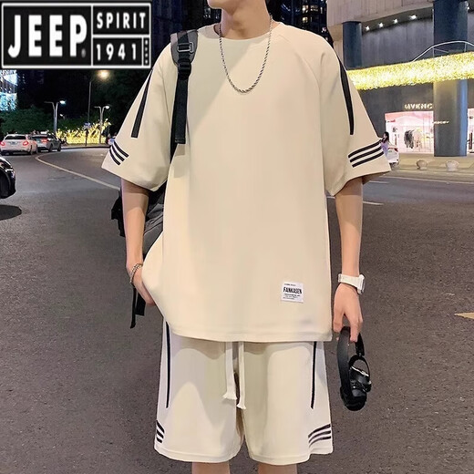JEEP SPIRIT2025新款运动套装男夏薄款宽松冰丝短袖t恤男短裤搭配两件套休闲 FKS653白色套装 L 约110-130斤可穿