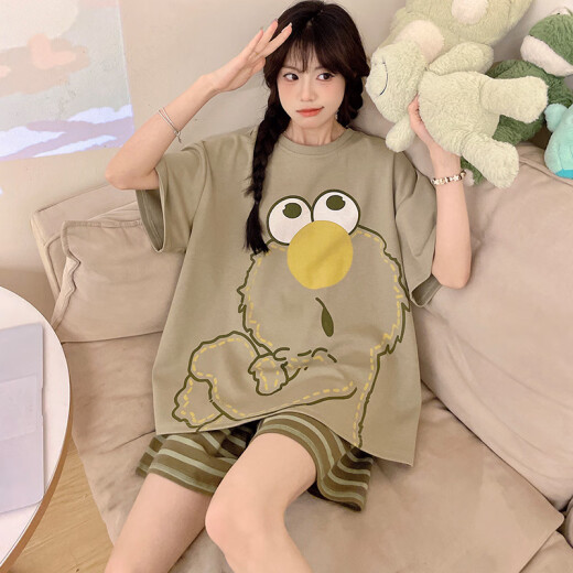 京濮飞夏季短袖卡通甜美大码女睡衣可外穿家居服套装 686灰猫咪 170 M码【建议80-90斤】