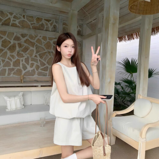 京濮飞多巴胺少女感两件套无袖背心阔腿短裤显瘦纯色T恤 9719杏绿色上衣 M