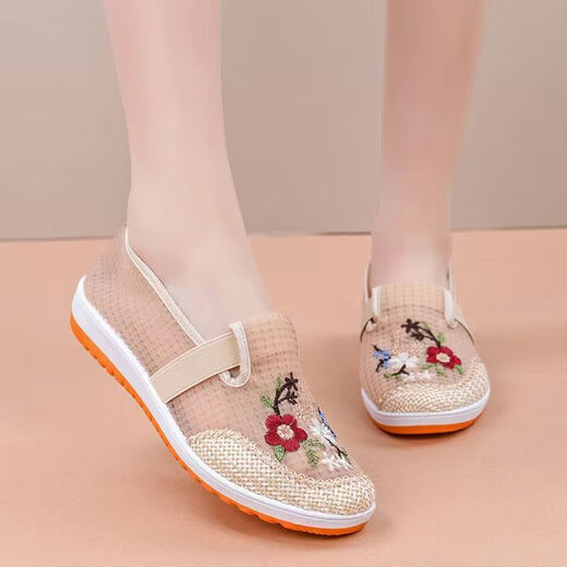 Woodpecker summer new style mesh breathable ancient style Hanfu women's shoes old Beijing cloth shoes women's mesh breathable mother's embroidered shoes off-white 37