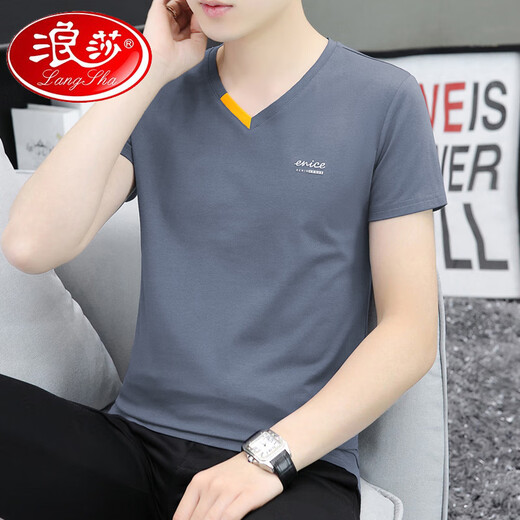 Langsha Summer Men's Pure Cotton V Neck Media Manga Camiseta Camiseta Camiseta Camiseta 691 White M 90-100Jin [Jin iguala 0.5 kg]
