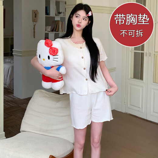 S.SOFEA夏季短袖提花睡衣女公主风薄款两件套装 双短套装DW683蓝花(带胸垫) 175 L(100-120斤)