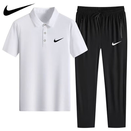 NBA KIDS-NIKE冰丝POLO衫速干休闲运动装短袖T套装薄款翻领男士长裤两件装 耐克-黑色(直筒套装)1396 耐克-XL 100-120斤