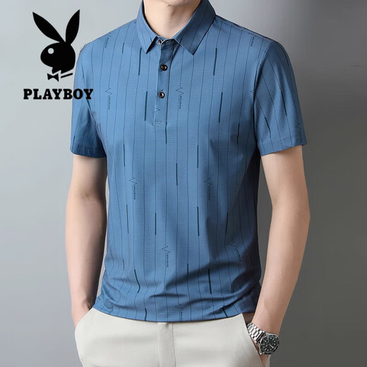 Playboy (Playboy) High-End Mulberry Seide Kurzärärmelte T-Shirt Herren Silk halbärmelig Männer trendige Marke Revers Polo-Hemd mittleren Alters mit mittleren und jungen Menschen lose vertikale Streifen t blau DN6625/N 2xl 180