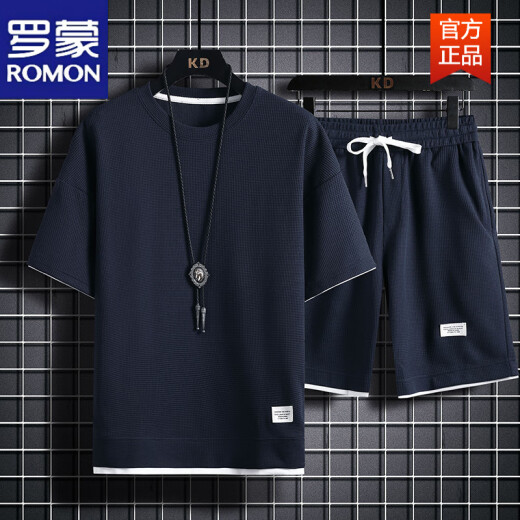 罗蒙（ROMON）重磅华夫格短袖T恤男夏季宽松大码运动短裤套装工作服圆领透气潮 829黑色【套装】 M 100-120斤