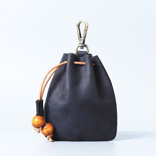 HGIRXV手工真I皮零钱包牛I皮简约女士钥匙包多功能疯马皮腰包 疯马黑色