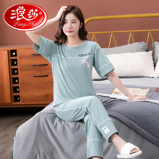 浪莎（LangSha）睡衣女夏季纯棉2025年新款短袖长裤家居服套装可外穿薄款全棉套装 7374豆沙粉 XL 120-140斤